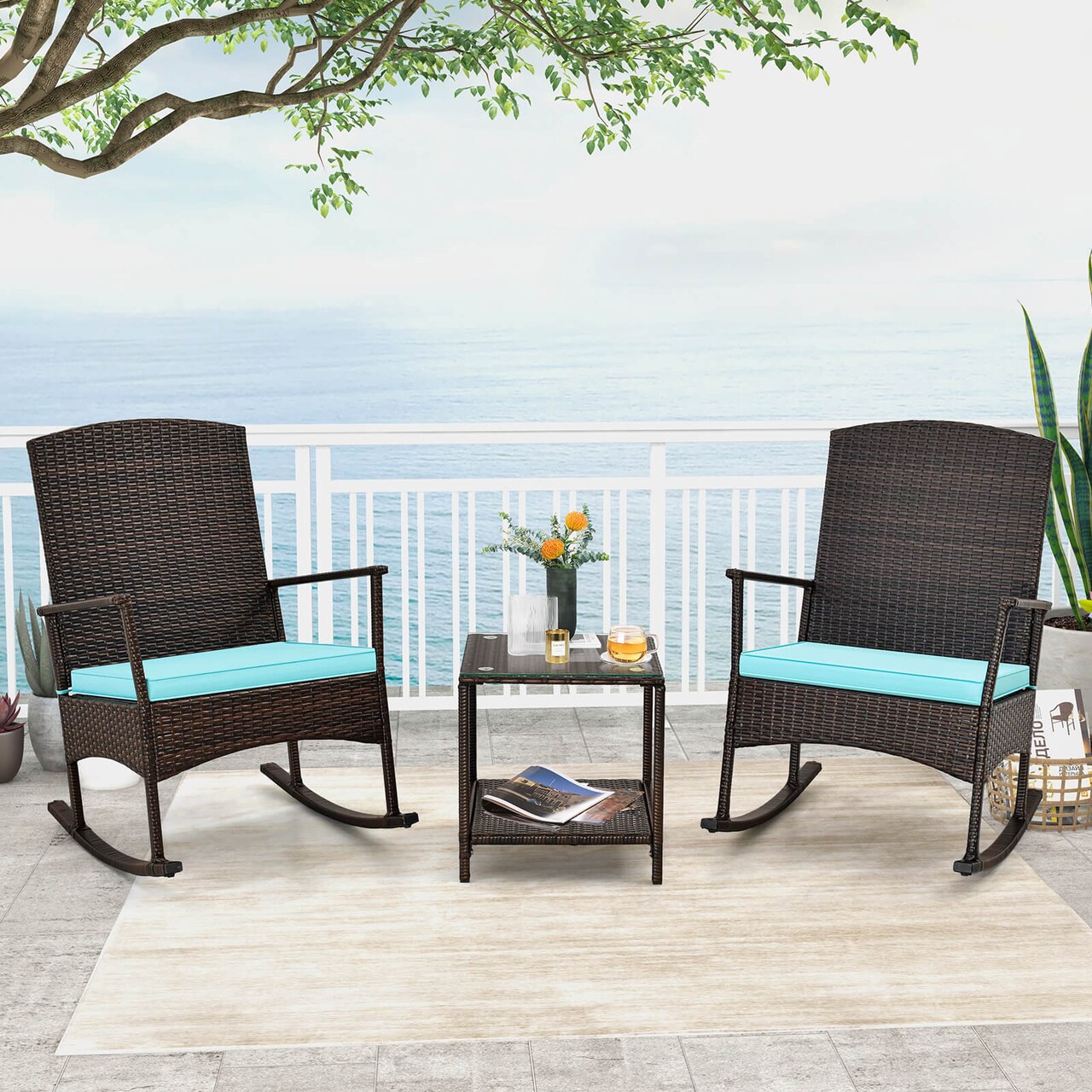 Costway 3 Piece Patio Rocking Set Wicker Rocking Chairs with 2-Tier Coffee Table Turquoise/Off White/Black